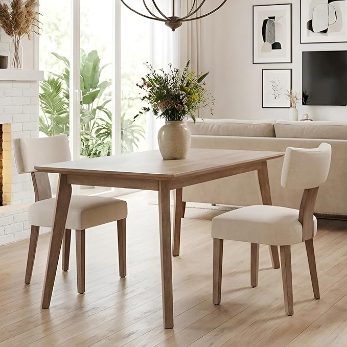 Mid Century Modern Dining Chairs Set of 2, Upholstered Wooden Dining Room Chairs, Farmhouse Kitchen Chairs, Accent Armless Side Chairs with Curved Back for Living Room, Beige Linen, 2PCS