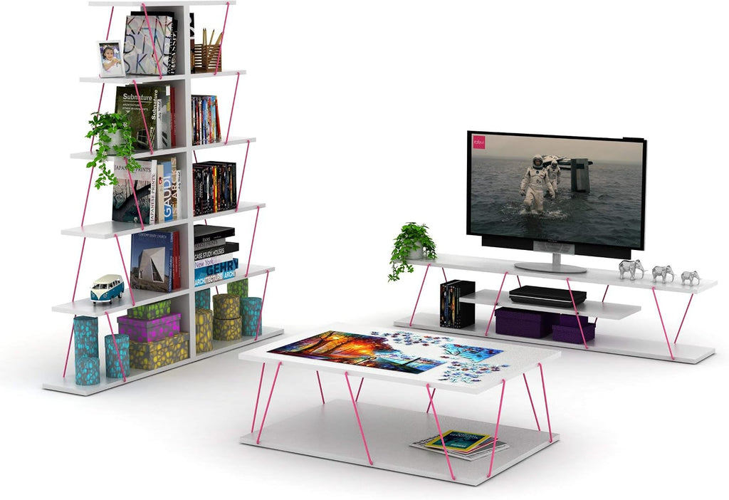 5 Tier Ladder Bookshelf Organizers, Narrow Bookshelf for Small Spaces Office Furniture Bookcase,White,Pink