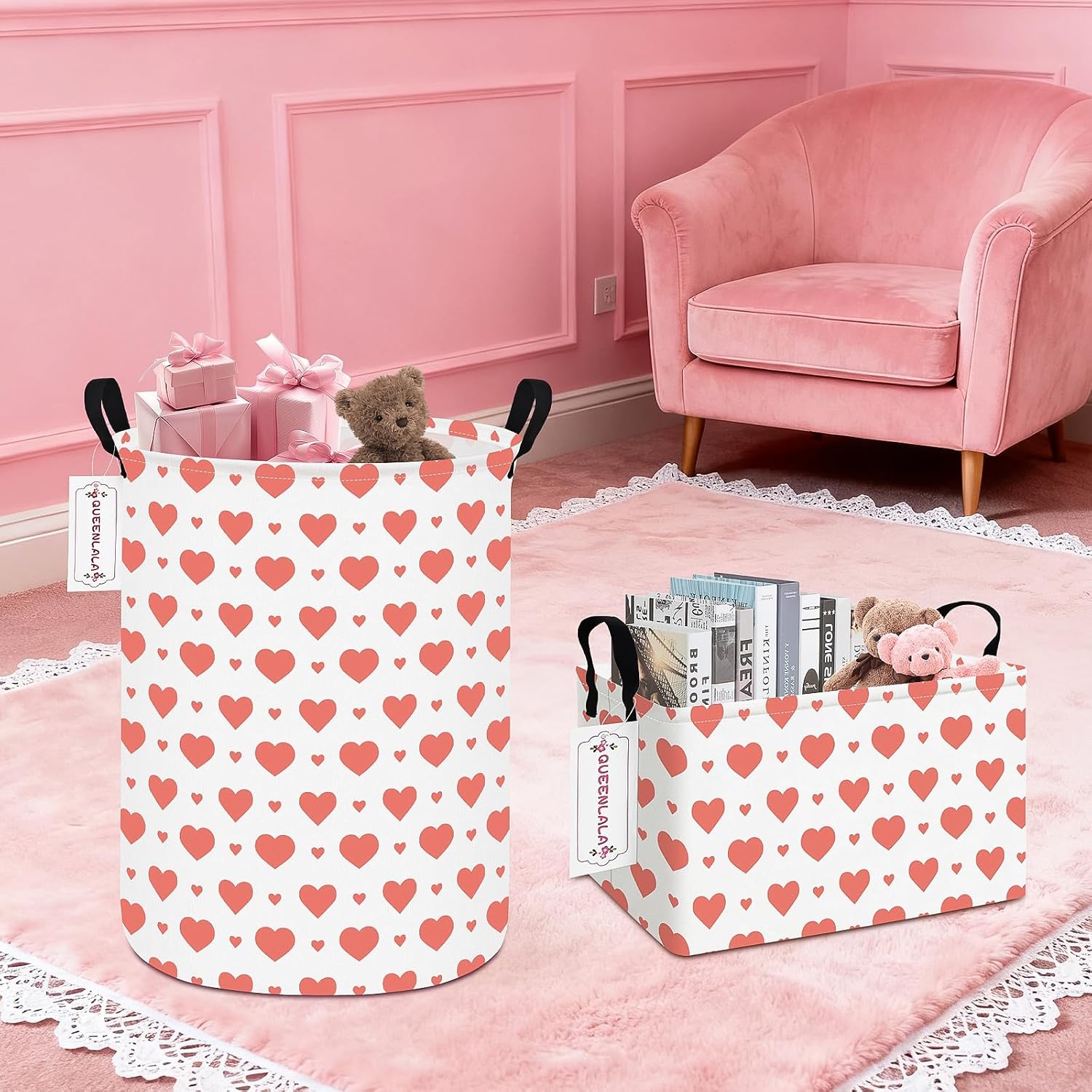 QUEENLALA Large Foldable Round Storage Basket Laundry Hamper, Pink Heart | 19.7"H x 15.15"D, waterproof & easy wipe. Folds flat to save space. Ideal for bedroom, bathroom, closet