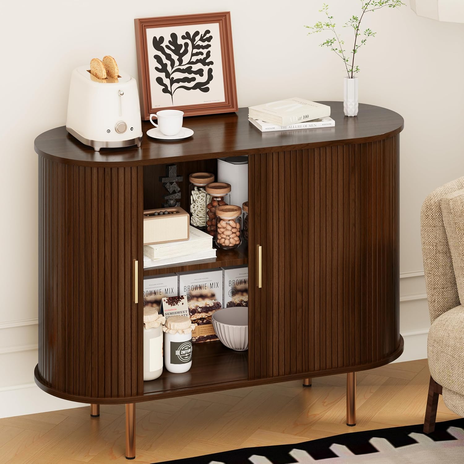 Sideboard Buffet Cabinet with Storage, 40 Inch Mid Century Modern Fluted Credenza with Sliding Door & Adjustable Shelf, Coffee Bar Cabinet for Kitchen, Living Room, Entryway
