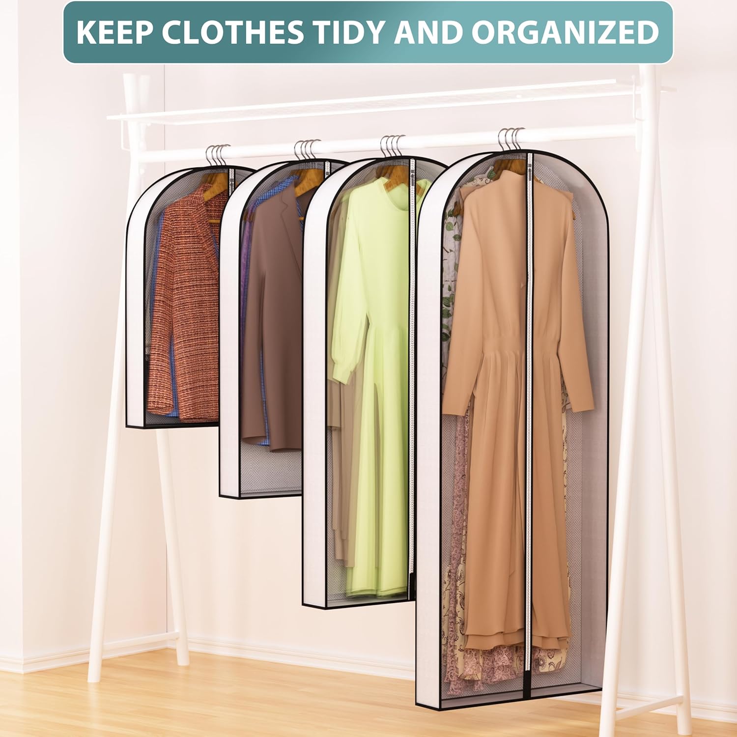 60” Garment Bags for Hanging Clothes 4” Gusseted - with Clear Window, Breathable Fabric, Metal Zipper, Suit Coat Long Dress Protector for Clothes Closet storage, Season Off, Moving, 3 Pack