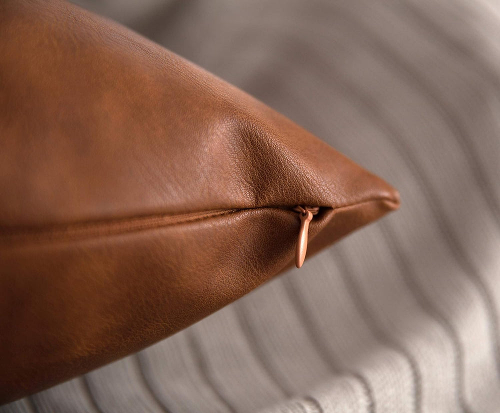 Faux Leather Throw Pillow Covers 22x22 inch, Set of 2 Thick Cognac Brown Mode...