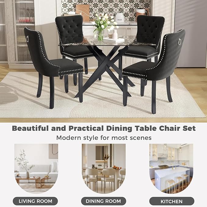 51 Inch Glass Dining Table Set for 4, Rectangular Glass Kitchen Table with 4 Upholstered Velvet Accent Chairs, 5 Piece Modern Dining Room Set, for Home, Apartment, Small Spaces - Black Black