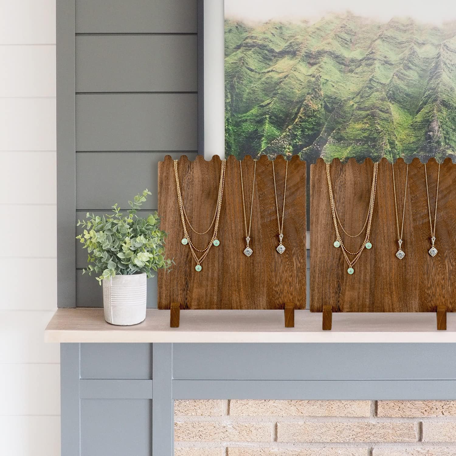 Ikee Design Set of 2 Wood Necklace Jewelry Display Stand for 8 Necklaces, Necklace Display Holder Organizer, Brown Color