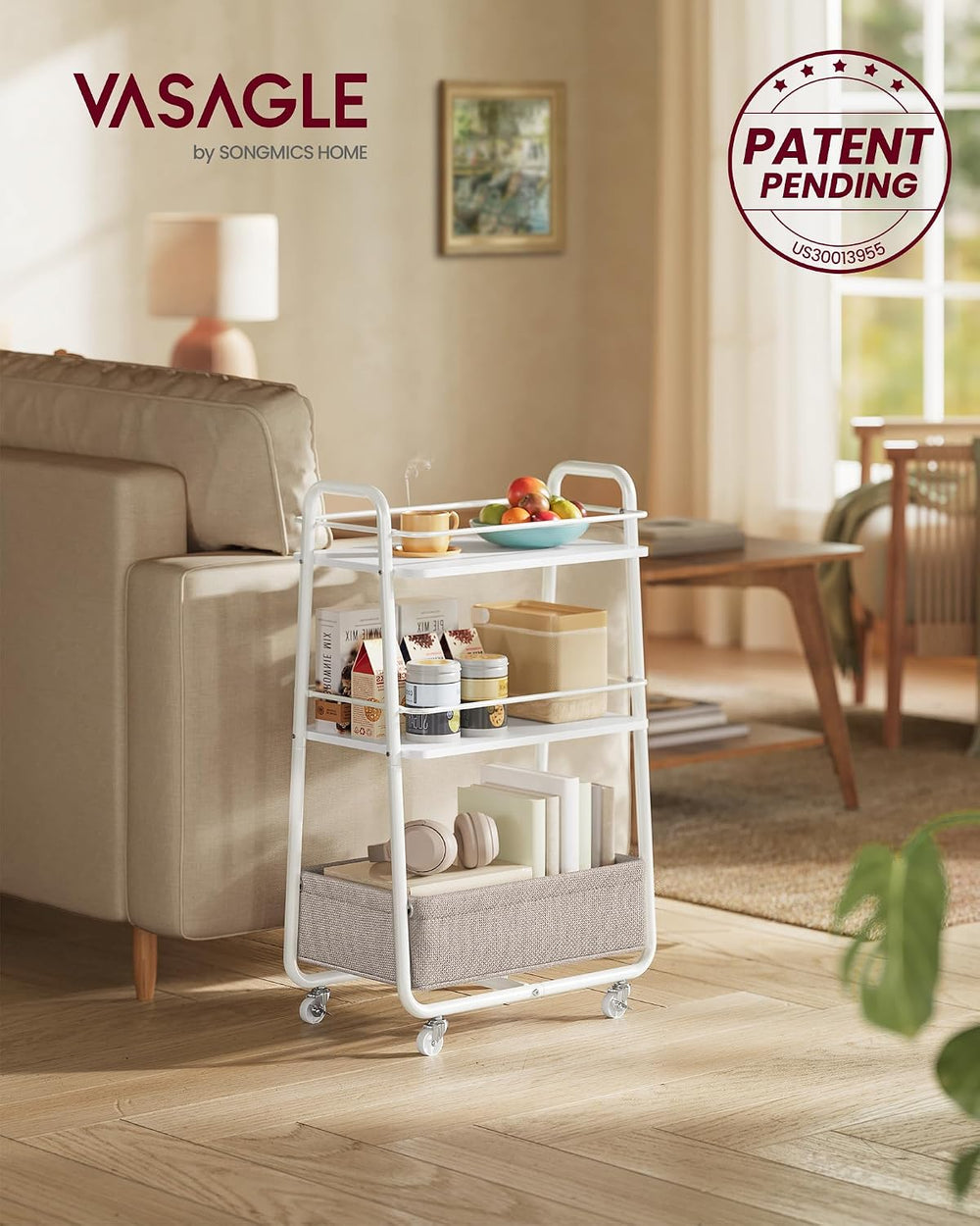 VASAGLE Storage Cart with Fabric Basket, 3-Tier Rolling Utility Cart | Cart w...