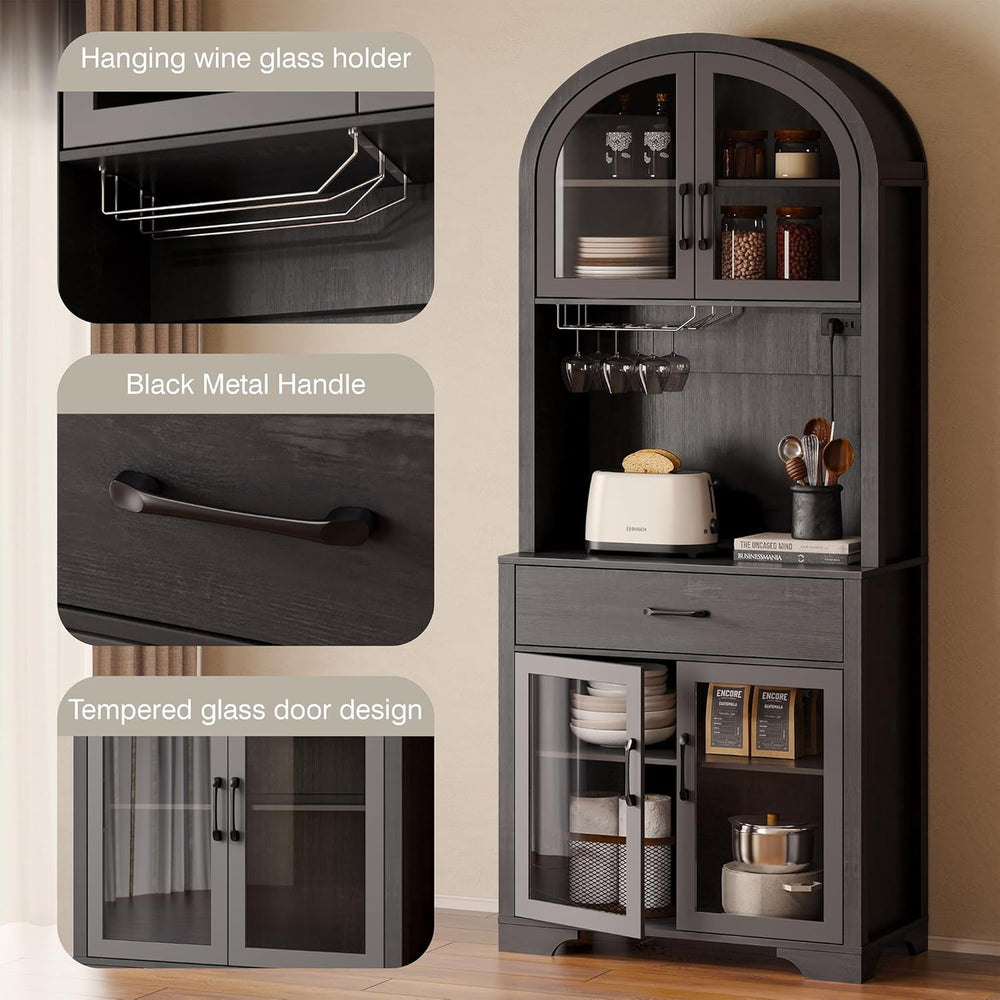 Arched Kitchen Pantry Storage Cabinet, Black Wooden Coffee Bar Cabinet with D...