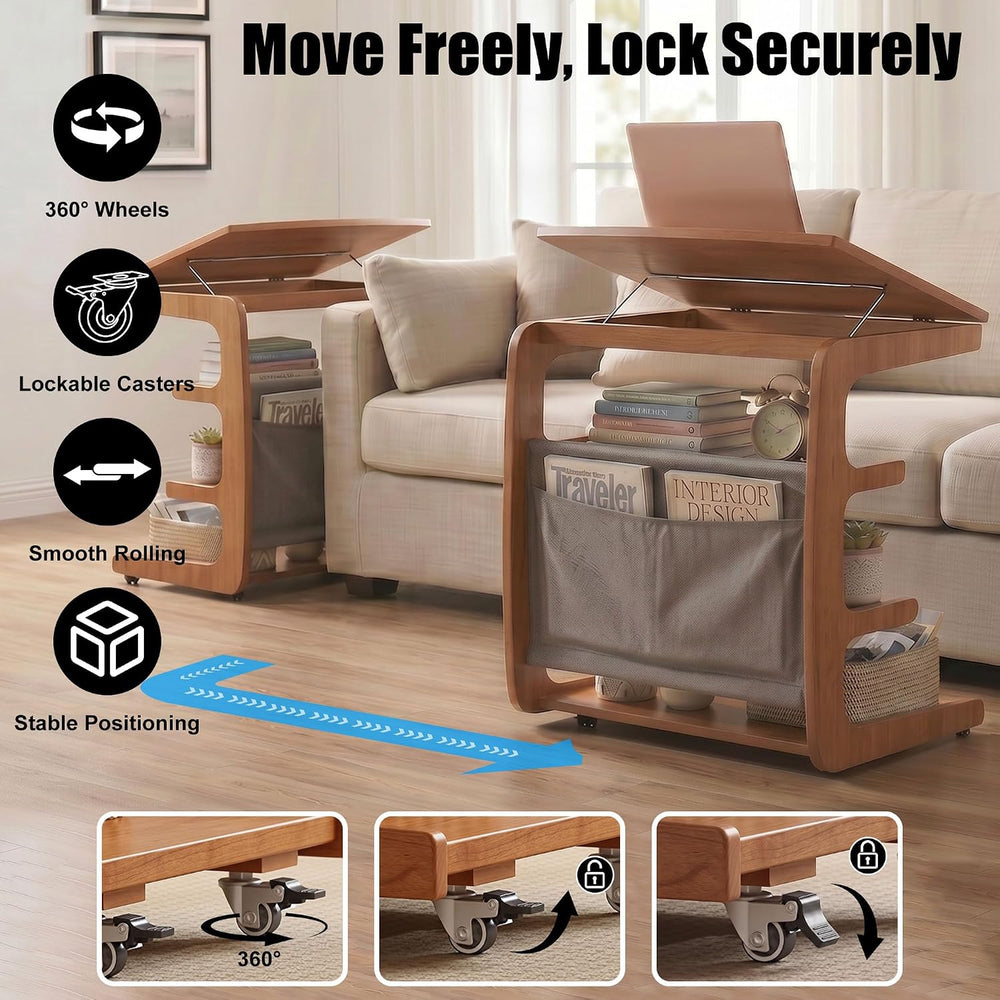 100% Solid Wood C Shaped End Table with Swivel Wheels, Lift Top Couch Table w...