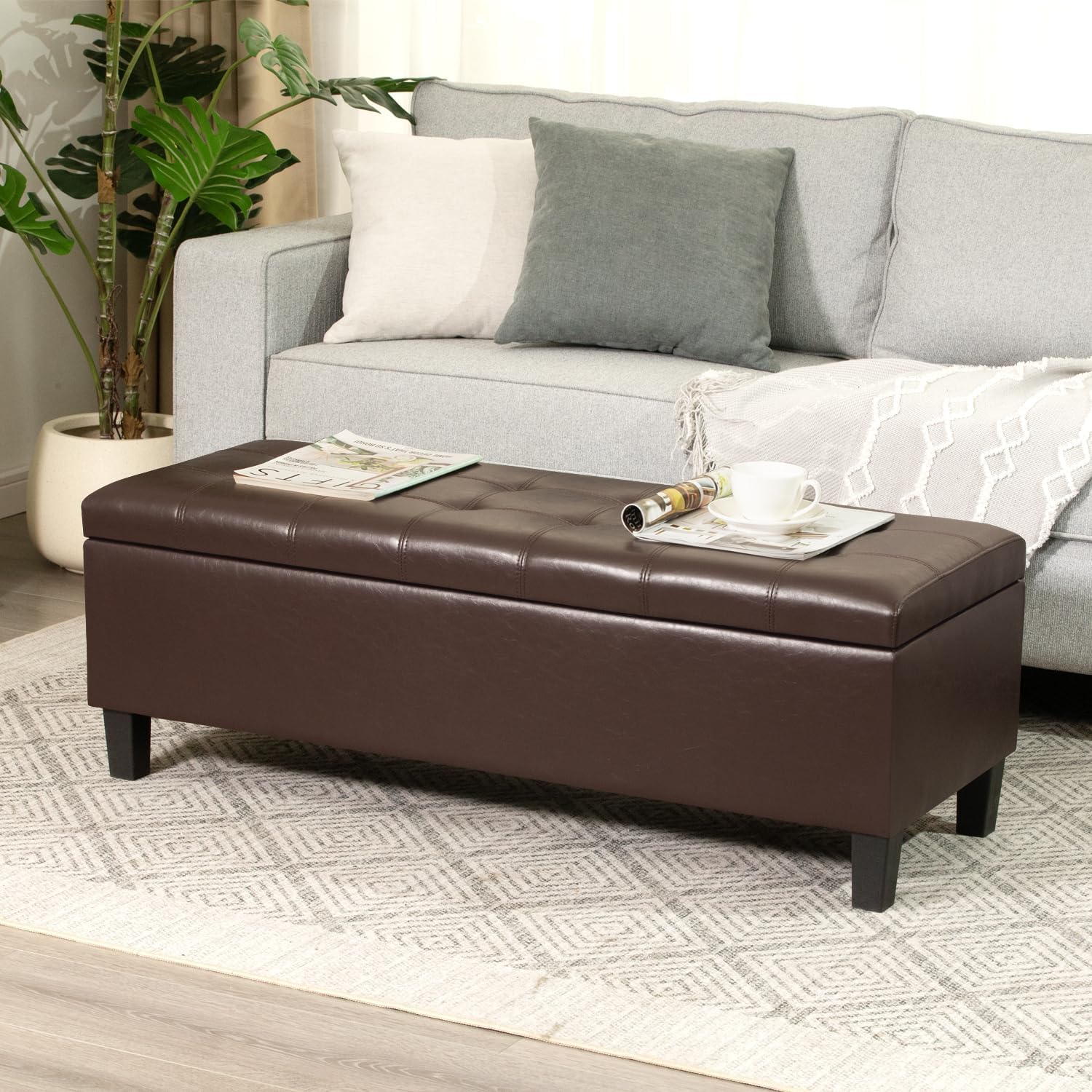 Asense 45" Storage Ottoman Bench,Faux Leather Upholstered Ottoman with Legs,Tufted Ottoman with Safety Hinge,Storage Bench for Bedroom,Living Room,Entryway,Chocolate Brown