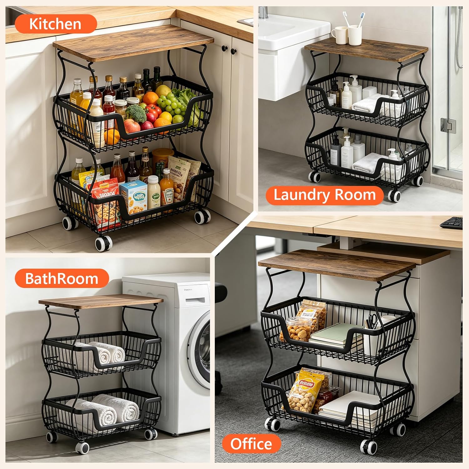 3-Tier Rolling Kitchen Storage Cart Fruit Basket Stand for Vegetables & Snacks Stackable Wire Pantry Floor Organizer with Wheels for Kitchen, Living Room, Bedroom, Office (Black)