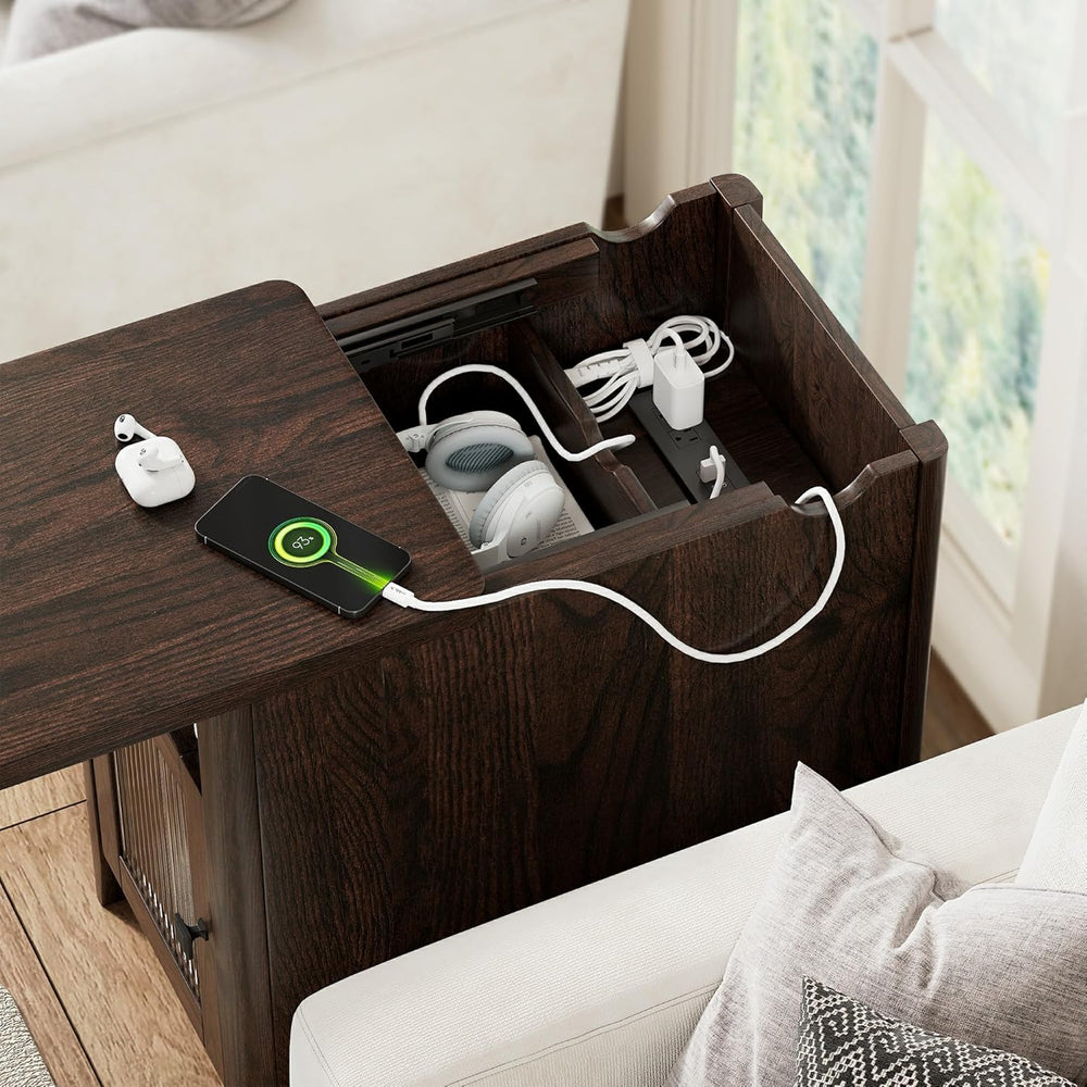 iPormis End Table with Charging Station, Narrow Side Table for Living Room, F...