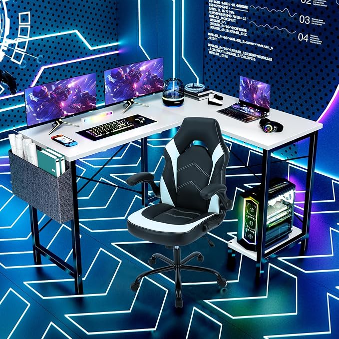 Sweetcrispy L Shaped Computer Desk - Gaming Corner 50 Inch PC White Writing Study Student Table with Wooden Desktop CPU Stand Side Bag Reversible for Home Office Room Small Space, White