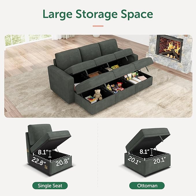 HONBAY Modular Sectional Sleeper Sofa Bed, Pull Out Couch with Storage Ottoman, U Shaped Sectional Couches for Living Room, Green