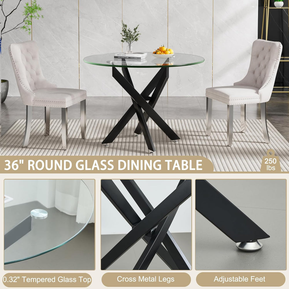 36" Round Dining Table for 4, Modern Clear Glass Kitchen Table for 4 wit...
