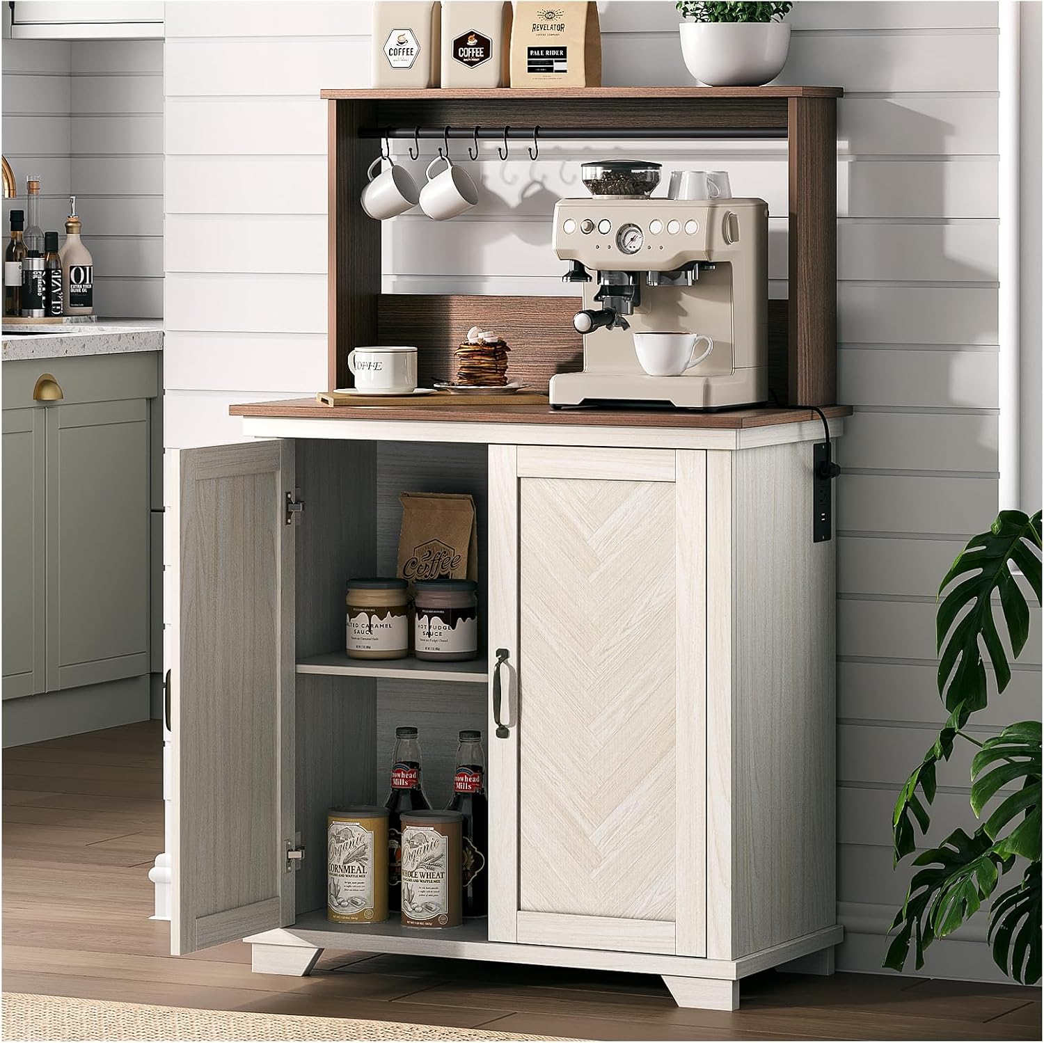 JOINICE Farmhouse Coffee Bar Cabinet with Storage and Charging, White | Herringbone Panel,31.5" Countertop Space,Loads To 100lbs,Open Top Shelf+Adjustable Shelf,USB/AC,6-Hook,Easy Assembly