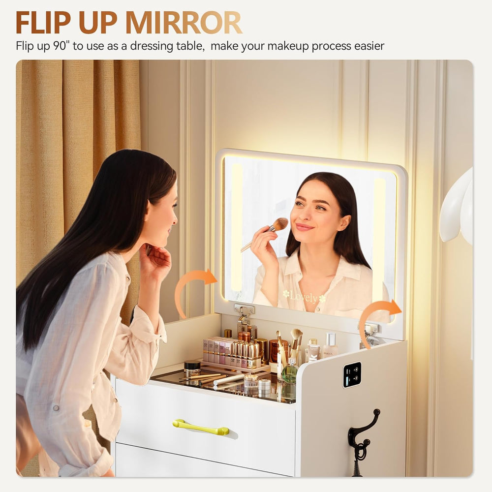 Small Makeup Vanity Desk with Flip up Mirror and Lights(White) | 3 in 1 Vanit...