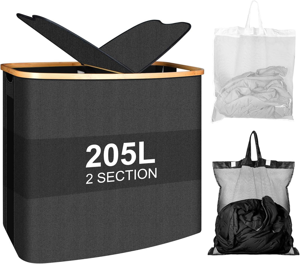 Large Laundry Hamper with Lid 205L,Collapsible 2-Section Dirty Clothes Basket Organizer for Bathroom, Bedroom & Laundry Room - Waterproof, Easy Sort, Foldable Storage Solution