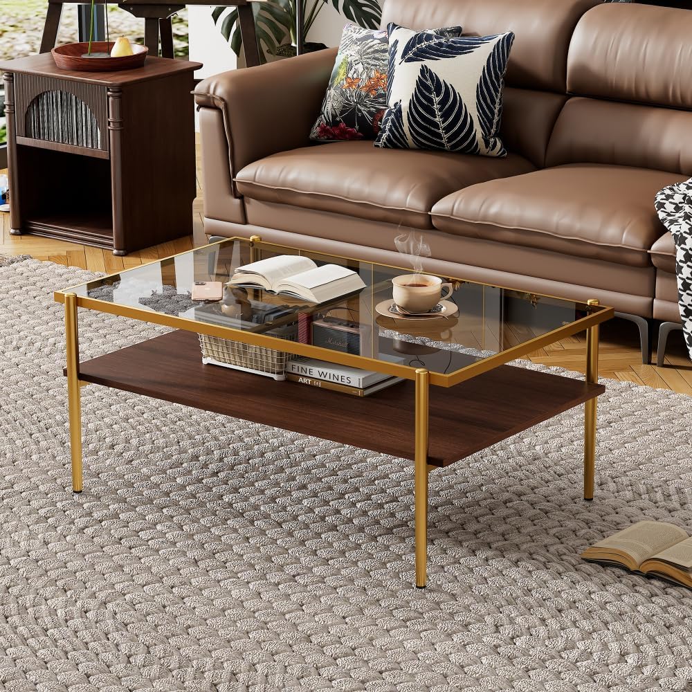 Rectangle Coffee Table with Gray Tempered Glass Top and Golden Legs, Modern T...