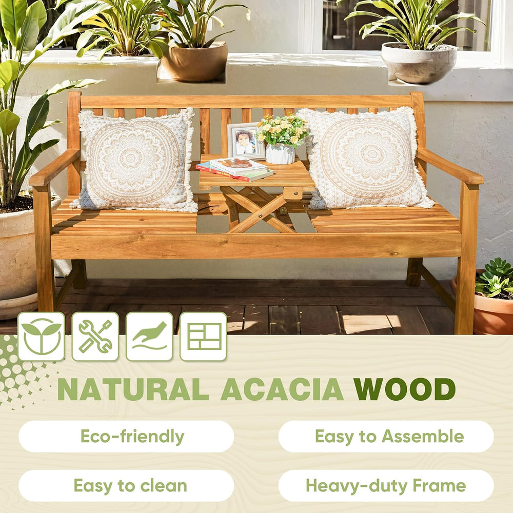 Greesum Outdoor Bench 2-Person Acacia Garden Chair Patio Porch Furniture with...