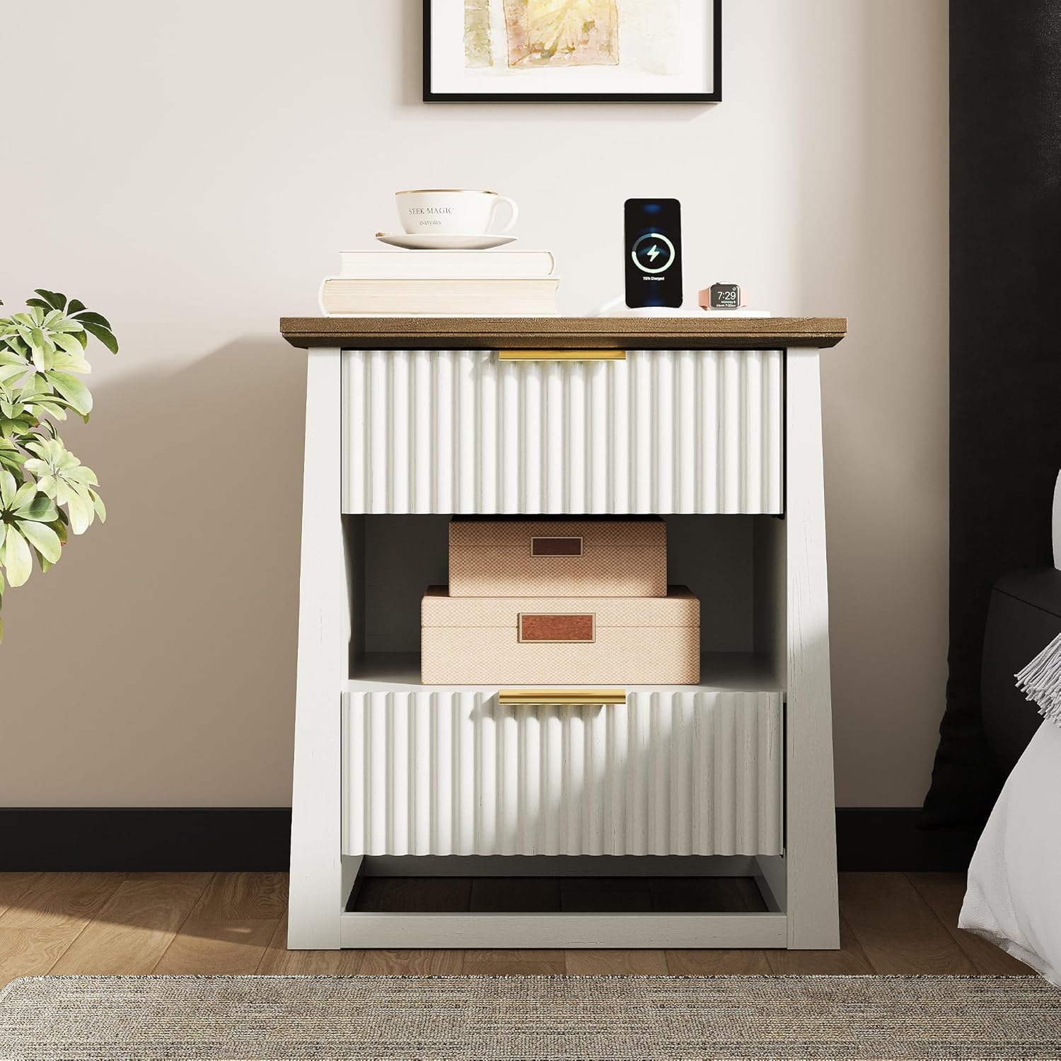 HIFYOBRO Fluted Nightstands Set of 2 with Charging Station & Motion Sensor Light, Modern Bedside Tables with 2 Drawers and Storage Shelf for Bedroom, White