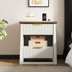 HIFYOBRO Fluted Nightstands with Charging Station & Motion Sensor Light, Modern Bedside Tables with 2 Drawers and Storage Shelf for Bedroom, White