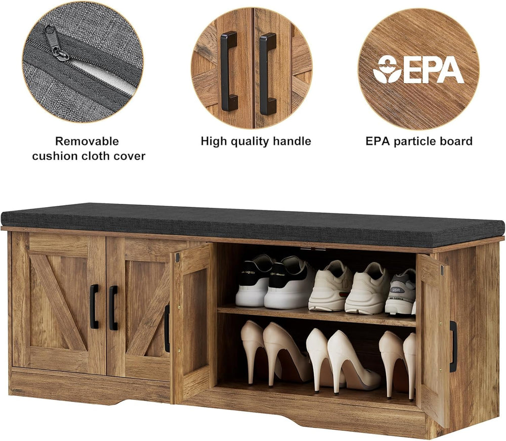 HOMSHO Farmhouse Shoe Storage Bench with 4 Barn Doors & Padded Seat Cushi...
