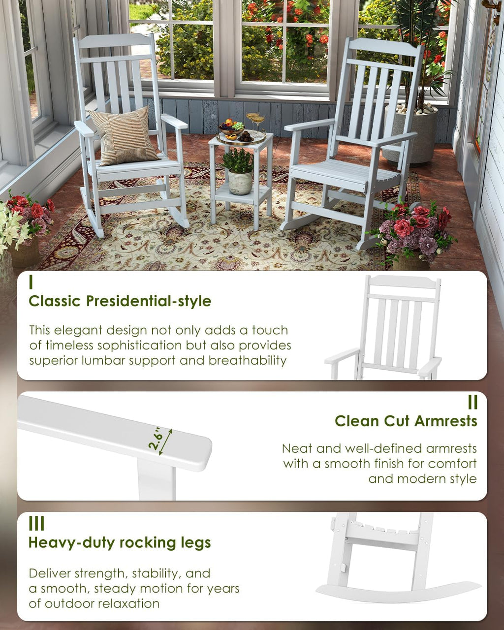 GREENVINES Outdoor-Rocking-Chairs-Set-of-2 | HDPE Plastic | Patio Rockers | Porch Rocker Chair | Oversized | High Back | Big & Tall | White