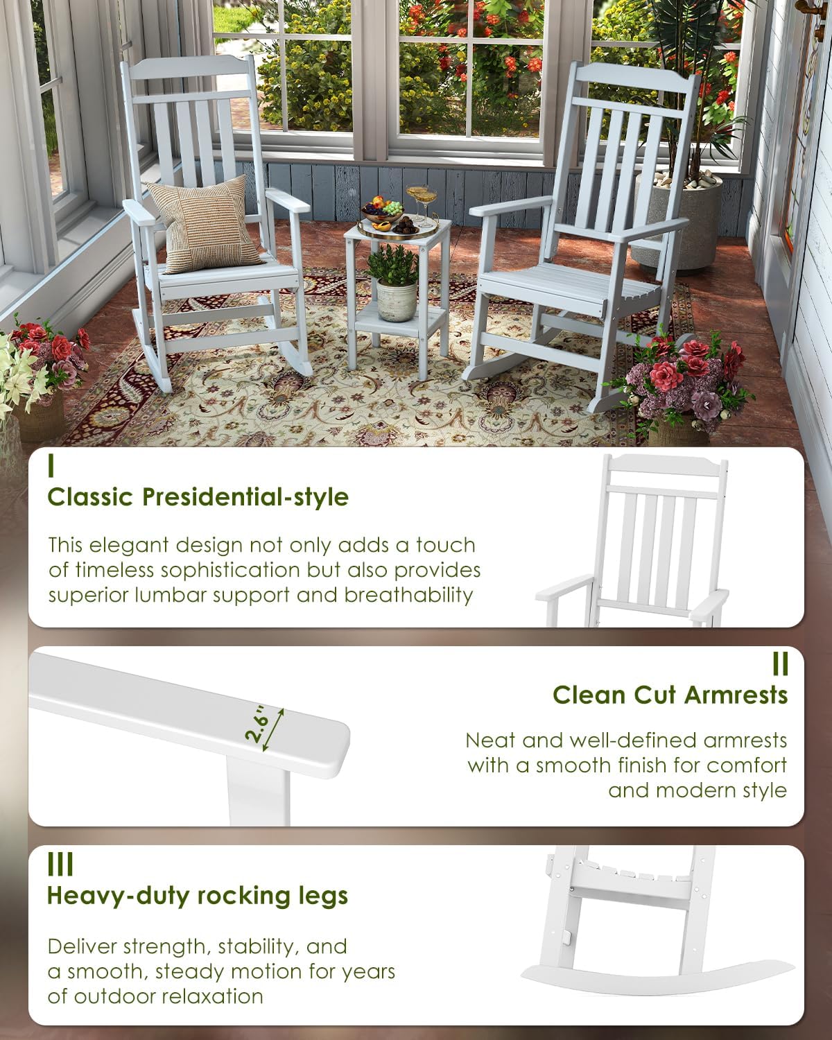 GREENVINES Outdoor-Rocking-Chairs-Set-of-2 | HDPE Plastic | Patio Rockers | Porch Rocker Chair | Oversized | High Back | Big & Tall | White