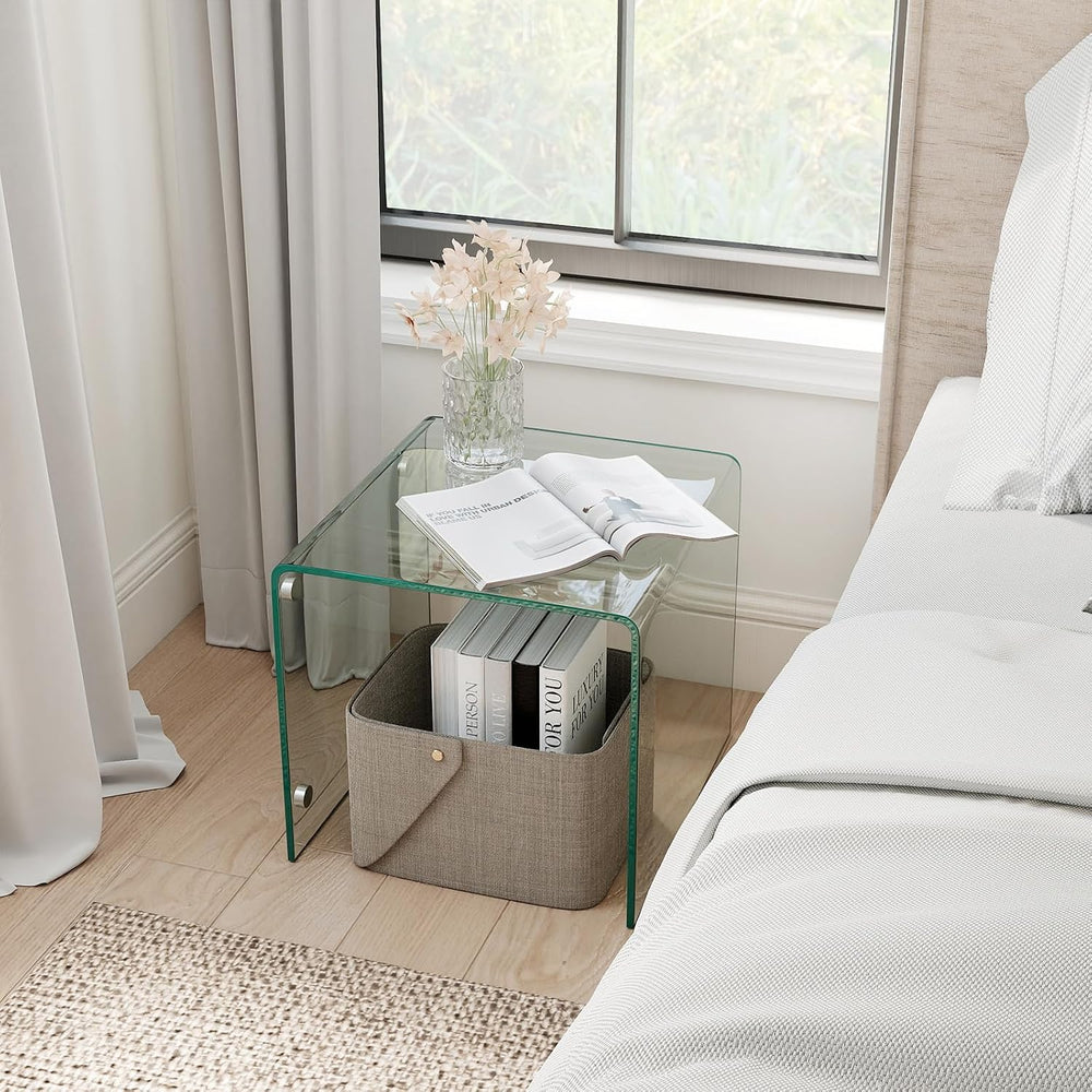 Tangkula Tempered Glass Side Table, Modern C-Shaped Bedside Table Nightstand ...