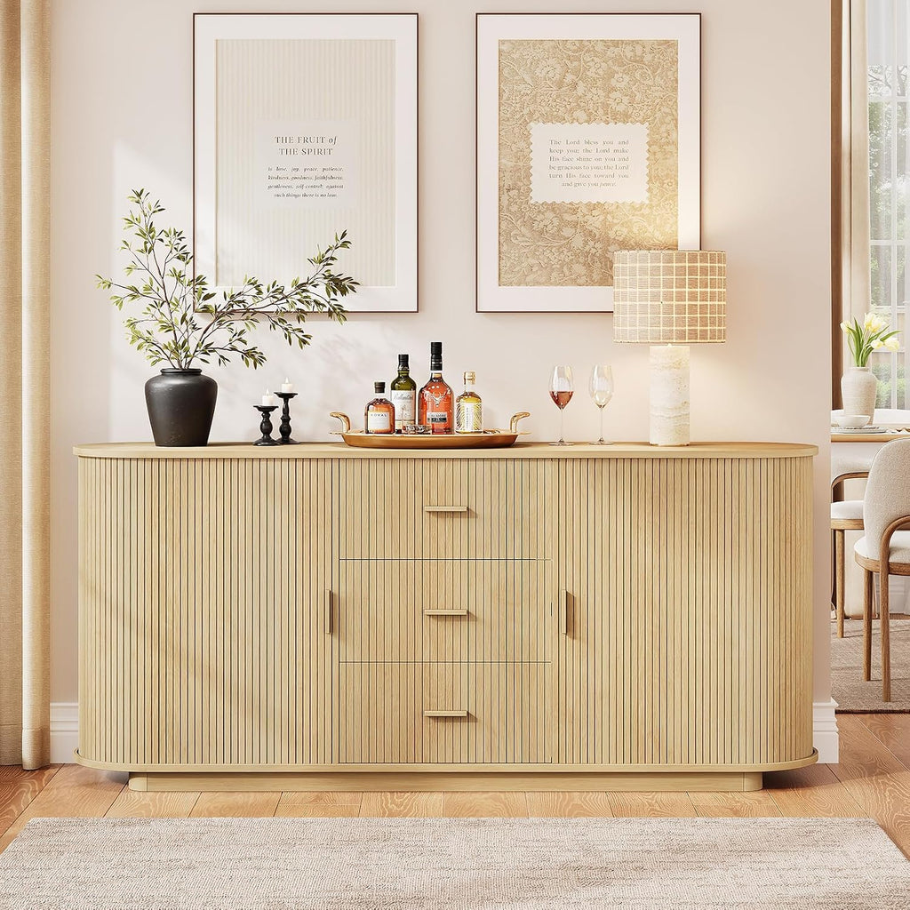ONBRILL 63" Fluted Sideboard Buffet Cabinet with 3 Drawers & 2 Doors, Mid-Century Modern Buffet Sideboard Cabinet with Storage, Coffee Bar Table with Adjustable Shelf for Kitchen, Living Room, Oak