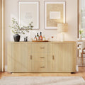 ONBRILL 63" Fluted Sideboard Buffet Cabinet with 3 Drawers & 2 Doors, Mid-Century Modern Buffet Sideboard Cabinet with Storage, Coffee Bar Table with Adjustable Shelf for Kitchen, Living Room, Oak