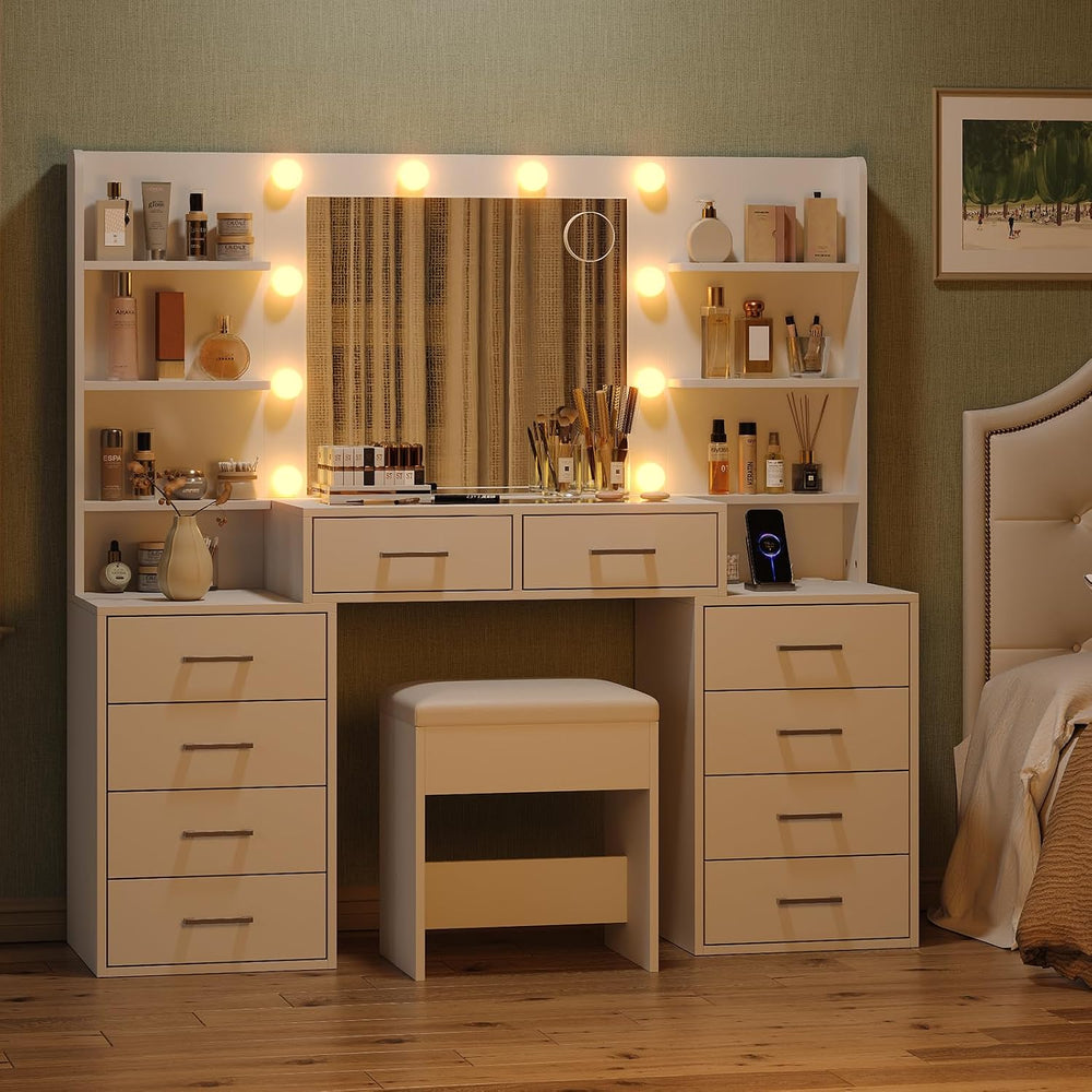 Yanosaku 55'' W Makeup Vanity with Mirror & Lights, 10 Drawers Va...