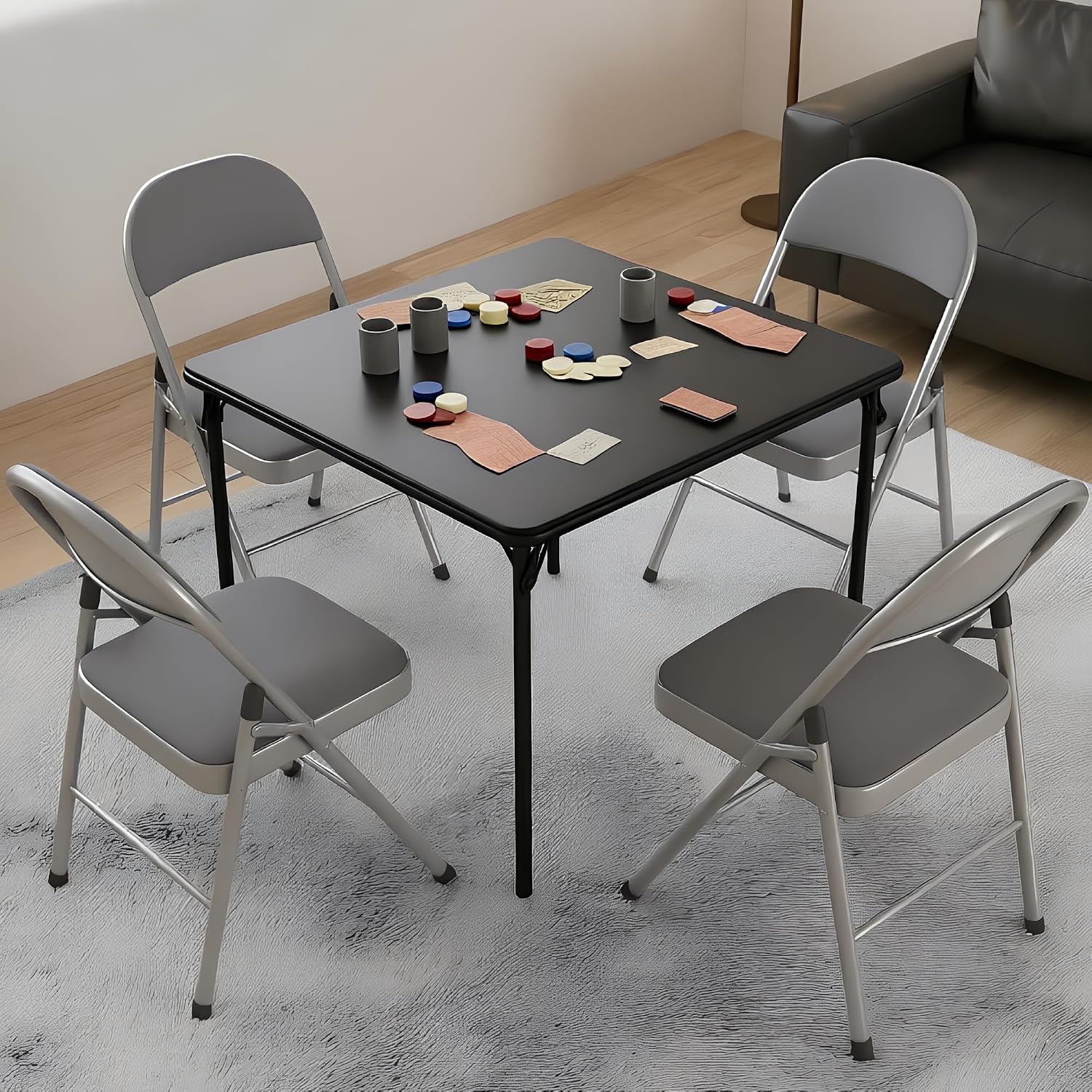 VECELO 5-Piece Folding Card Table Square and Chair Set with Collapsible Legs & Vinyl Upholstery,Portable for Indoor & Outdoor, Black & Dark Grey