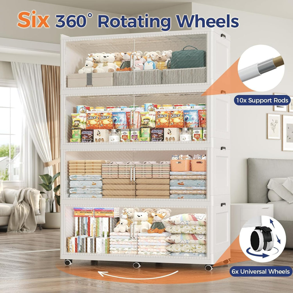 200GAL Extra Large Storage Bins with Lid, 800QT Collapsible Organizer with Wheels, Stackable Closet Cabinet with Doors, Folding Storage Containers for Home, Office, Kitchen, 4Pack White