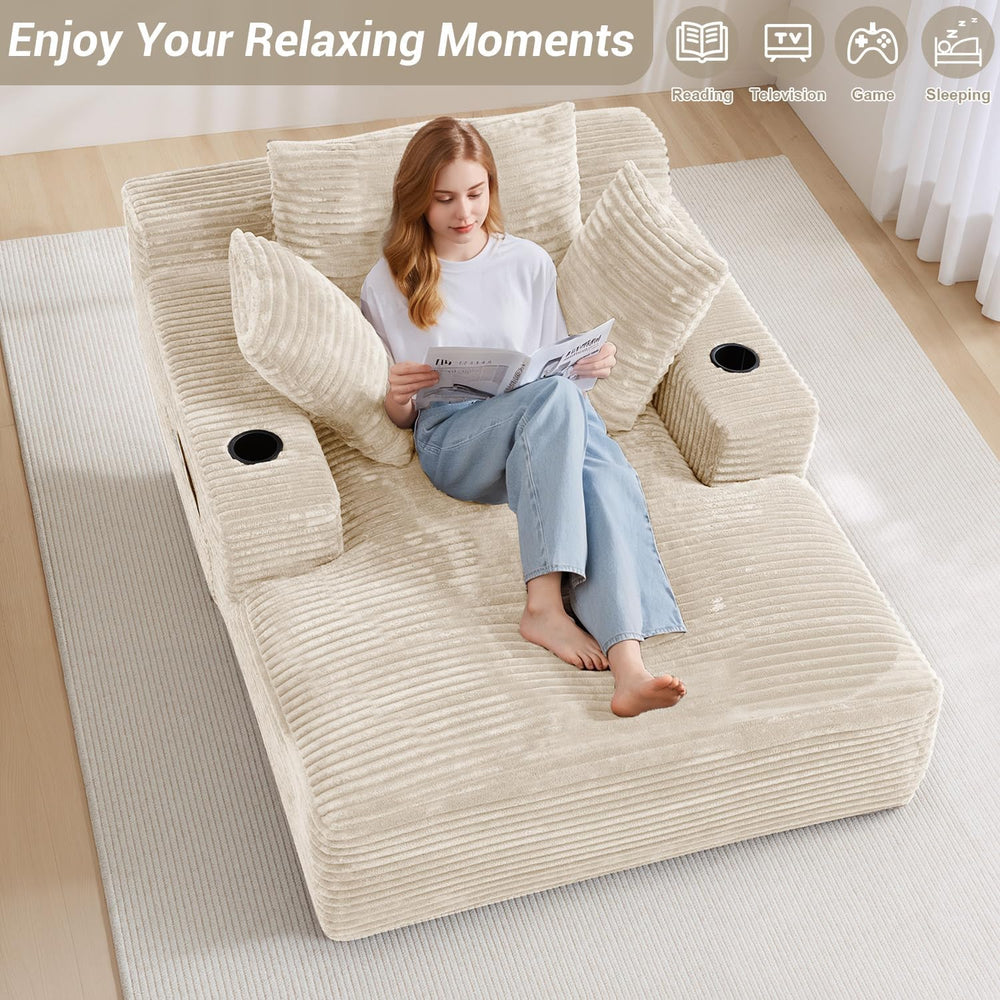 50" x 68" Corduroy Chaise Lounge, Cup Holders, Beige | Oversized co...