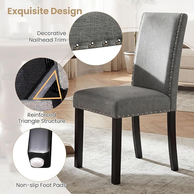 Giantex Dining Chairs Set of 4, Fabric Upholstered Parsons Kitchen Chair w/Nailhead Trim,Solid Rubber & Bent Wood Legs, Thick Padded Seat, Armless Side Chairs for Living Dining Room Restaurant, Grey