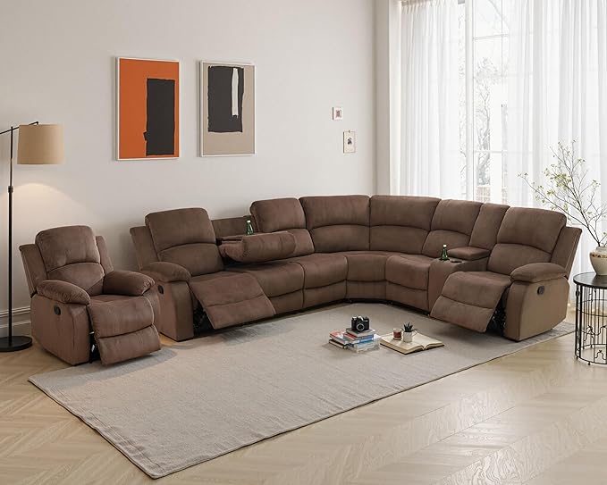 Manual Recliner Sectional Sofa Set, Fabric L-Shaped Living Room Furniture Sets, Reclining Sectional Corner Couch and Recliner Chair Set for Home Office (Brown, Sectional + Chair)
