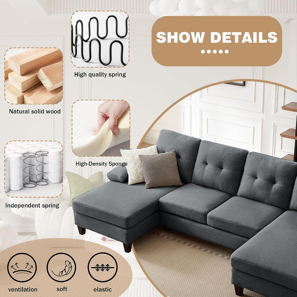 Sectional Couches for Living Room, Modern Linen Fibre U Shaped Sofa Couch wit...