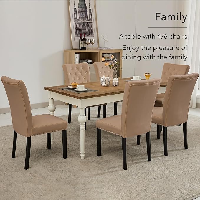 Velvet Dining Kitchen Chair Set of 6, Parsons Upholstered Dining Room Chair, Wood Accent Chair with Nailed Trim, Camel