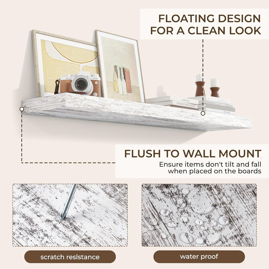 RICHFOCUS 48Inch Floating Shelves for Wall 2 Pack Shelves for Bedroom|Kitchen|Bathroom Wall Mounted Rustic Distressed Wood Floating Shelf with Invisible Brackets for Books|Storage|Decor, Rustic