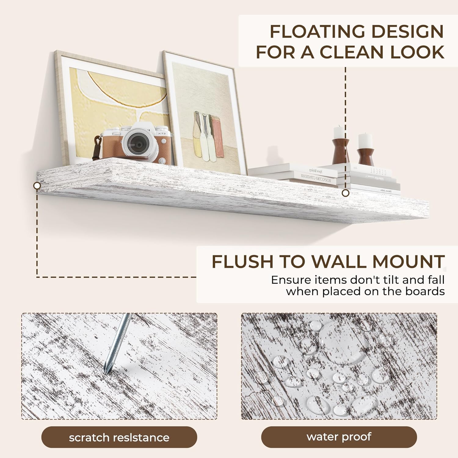 RICHFOCUS 48Inch Floating Shelves for Wall 2 Pack Shelves for Bedroom|Kitchen|Bathroom Wall Mounted Rustic Distressed Wood Floating Shelf with Invisible Brackets for Books|Storage|Decor, Rustic