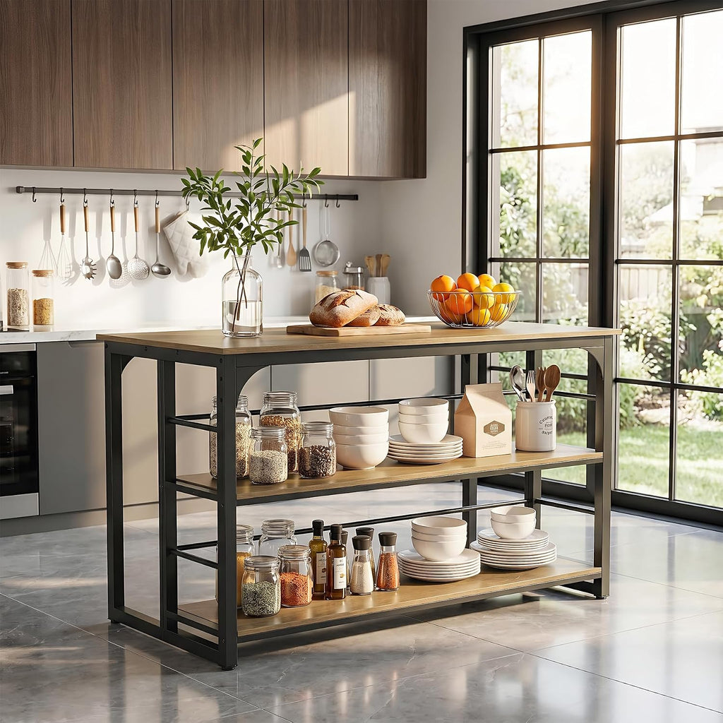 LITTLE TREE Kitchen Island with Storage, 63 Inches Width Kitchen Shelf with Large Worktop, Modern Kitchen Counter for Dining Room, Kitchen, Living Room, Easy to Assemble, Brown & Black