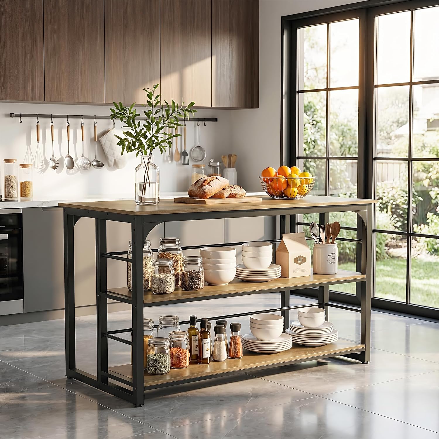 LITTLE TREE Kitchen Island with Storage, 63 Inches Width Kitchen Shelf with Large Worktop, Modern Kitchen Counter for Dining Room, Kitchen, Living Room, Easy to Assemble, Brown & Black