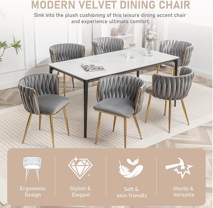 Kiztir Velvet Dining Chairs Set of 6 Woven Dining Chairs with Gold Metal Legs Upholstered Modern Dining Room Chair for Living Room, Bedroom, Kitchen (Grey)