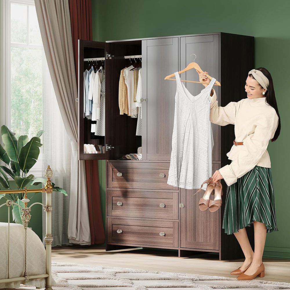 VOWNER 71" H Armoire Wardrobe Closet with 3 Drawers and Mirror