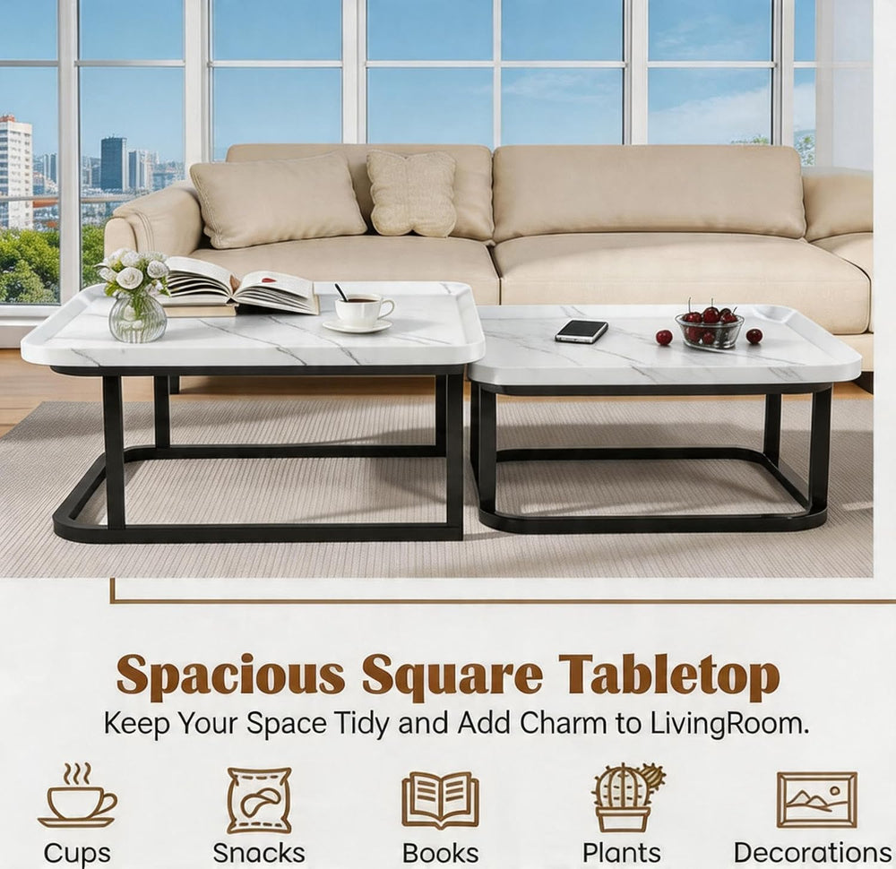 Set of 2 Nesting Coffee Tables, Space‑Saving Square Side Table Set, White | S...