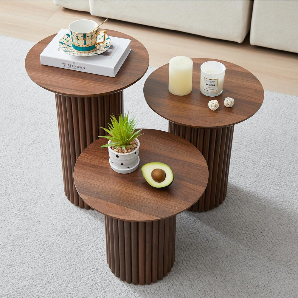Bifins Walnut Round Nesting Coffee Table Set of 3 | Coffee and End Table Set,...