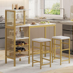 VECELO Bar Table and Chairs Set for 2, 3-Piece Dining Set with Storage Shelves, Cup Holder & Wine Rack, PU Leather Cushion Stools, for Kitchen Small Space