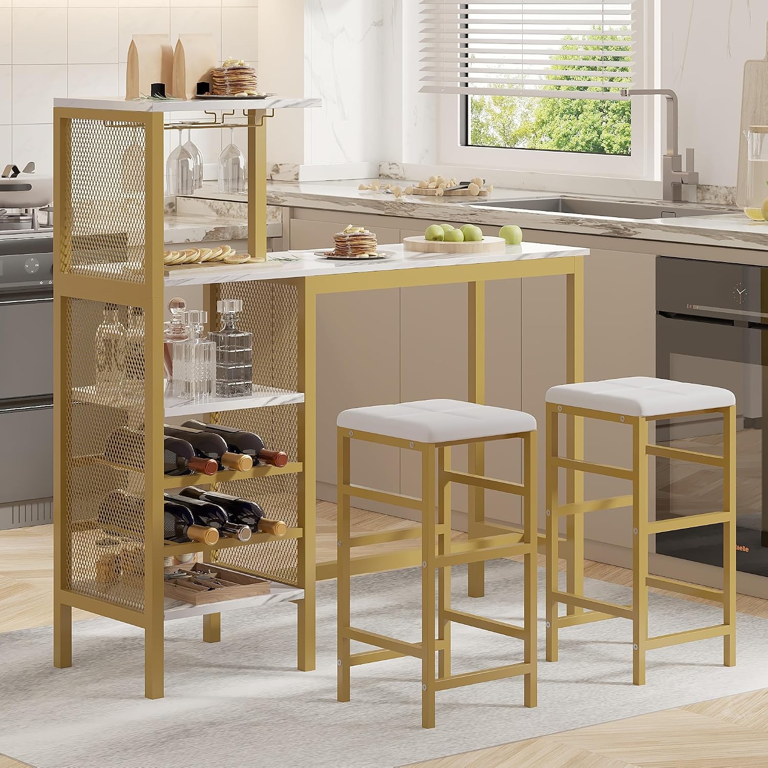 VECELO Bar Table and Chairs Set for 2, 3-Piece Dining Set with Storage Shelves, Cup Holder & Wine Rack, PU Leather Cushion Stools, for Kitchen Small Space