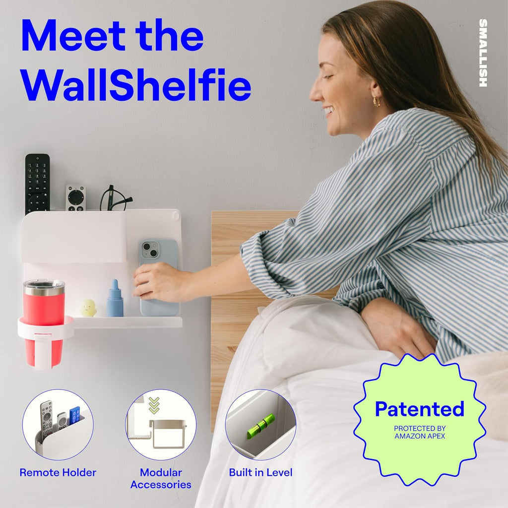 WallShelfie Bedside Wall Organizer & Bedside Shelf, Room Decor, Dorm Room Essential, Floating Bedside Shelf Wall Mount Organizer, Remote Control Holder, RV Accessories, Floating Shelves (White)