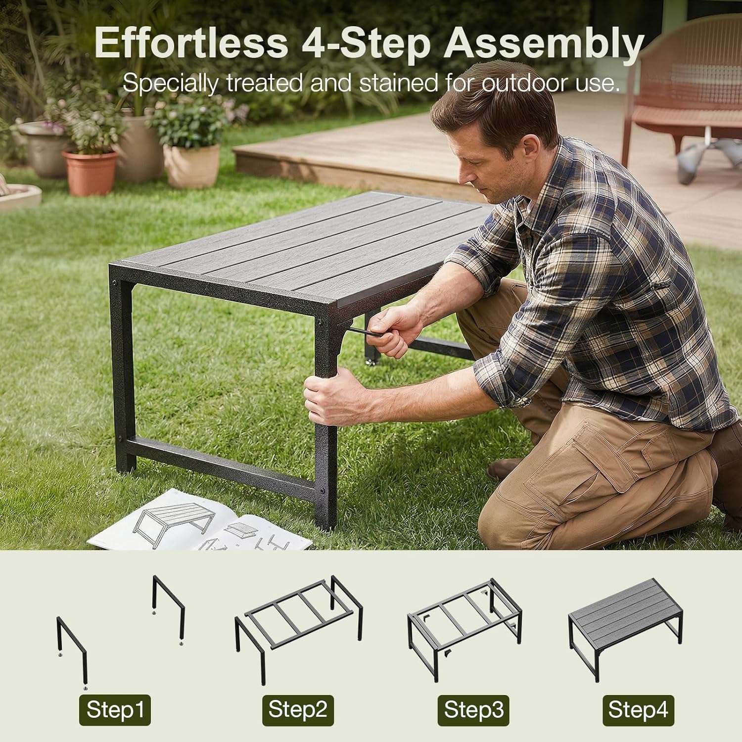 ODK Outdoor Coffee Table, Rectangle Weather-Resistant Patio Coffee Table for Garden, Balcony, Hot Tub, Poolside, Heavy-Duty Metal Frame, Grey